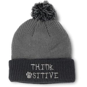 imageCustom Pom Pom Beanies for Women Think Pawsitive Silver Tread Embroidery Skull Cap Letters Acrylic 1 SizeGrey Black Design Only