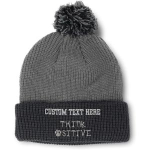 imageCustom Pom Pom Beanies for Women Think Pawsitive Silver Tread Embroidery Skull Cap Letters Acrylic 1 SizeGrey Black Personalized Text Here