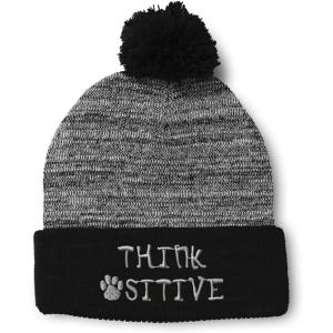 imageCustom Pom Pom Beanies for Women Think Pawsitive Silver Tread Embroidery Skull Cap Letters Acrylic 1 SizeHeather Gray Black Design Only