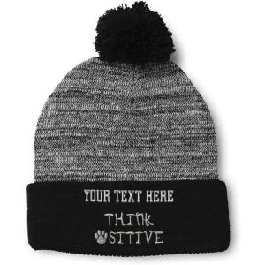 imageCustom Pom Pom Beanies for Women Think Pawsitive Silver Tread Embroidery Skull Cap Letters Acrylic 1 SizeHeather Gray Black Personalized Text Here
