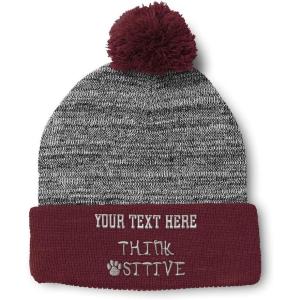 imageCustom Pom Pom Beanies for Women Think Pawsitive Silver Tread Embroidery Skull Cap Letters Acrylic 1 SizeHeather Gray Burgundy Personalized Text Here