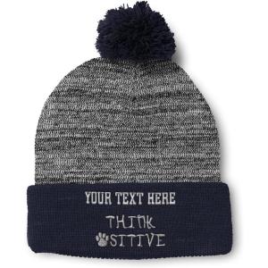 imageCustom Pom Pom Beanies for Women Think Pawsitive Silver Tread Embroidery Skull Cap Letters Acrylic 1 SizeHeather Gray Navy Personalized Text Here