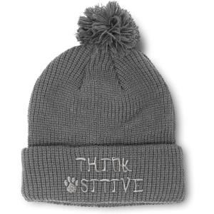 imageCustom Pom Pom Beanies for Women Think Pawsitive Silver Tread Embroidery Skull Cap Letters Acrylic 1 SizeLight Grey Design Only