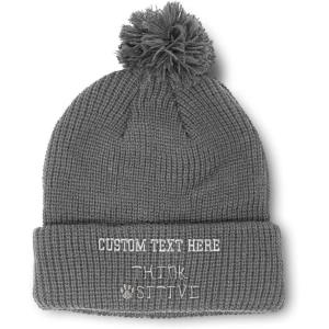 imageCustom Pom Pom Beanies for Women Think Pawsitive Silver Tread Embroidery Skull Cap Letters Acrylic 1 SizeLight Grey Personalized Text Here