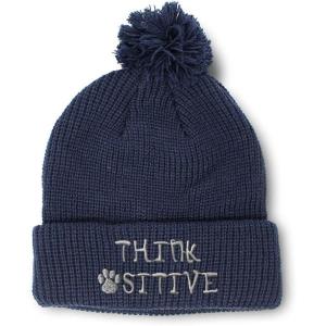 imageCustom Pom Pom Beanies for Women Think Pawsitive Silver Tread Embroidery Skull Cap Letters Acrylic 1 SizeNavy Design Only
