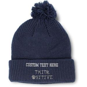imageCustom Pom Pom Beanies for Women Think Pawsitive Silver Tread Embroidery Skull Cap Letters Acrylic 1 SizeNavy Personalized Text Here