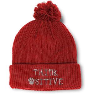 imageCustom Pom Pom Beanies for Women Think Pawsitive Silver Tread Embroidery Skull Cap Letters Acrylic 1 SizeRed Design Only