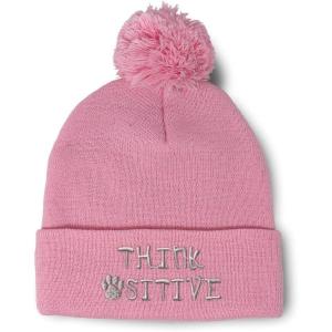 imageCustom Pom Pom Beanies for Women Think Pawsitive Silver Tread Embroidery Skull Cap Letters Acrylic 1 SizeSoft Pink Design Only