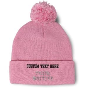 imageCustom Pom Pom Beanies for Women Think Pawsitive Silver Tread Embroidery Skull Cap Letters Acrylic 1 SizeSoft Pink Personalized Text Here