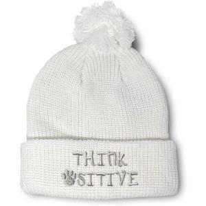 imageCustom Pom Pom Beanies for Women Think Pawsitive Silver Tread Embroidery Skull Cap Letters Acrylic 1 SizeWhite Design Only