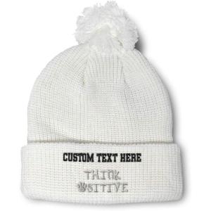 imageCustom Pom Pom Beanies for Women Think Pawsitive Silver Tread Embroidery Skull Cap Letters Acrylic 1 SizeWhite Personalized Text Here