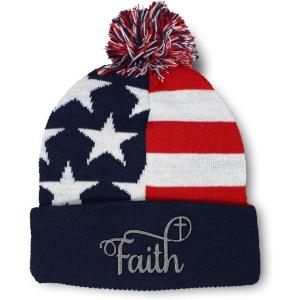 imagePom Pom Beanies for Women Faith Christian Cross Embroidery Skull Cap Winter Hats for Men Acrylic 1 SizeAmerican Flag Design Only