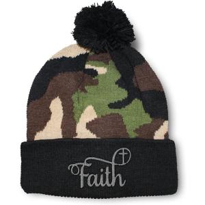imagePom Pom Beanies for Women Faith Christian Cross Embroidery Skull Cap Winter Hats for Men Acrylic 1 SizeCamo Design Only