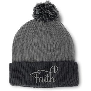 imagePom Pom Beanies for Women Faith Christian Cross Embroidery Skull Cap Winter Hats for Men Acrylic 1 SizeGrey Black Design Only