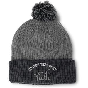 imagePom Pom Beanies for Women Faith Christian Cross Embroidery Skull Cap Winter Hats for Men Acrylic 1 SizeGrey Black Personalized Text Here