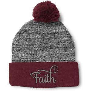 imagePom Pom Beanies for Women Faith Christian Cross Embroidery Skull Cap Winter Hats for Men Acrylic 1 SizeHeather Gray Burgundy Design Only
