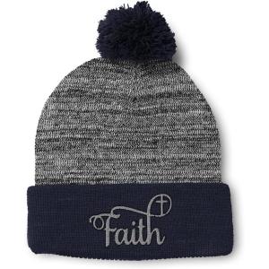 imagePom Pom Beanies for Women Faith Christian Cross Embroidery Skull Cap Winter Hats for Men Acrylic 1 SizeHeather Gray Navy Design Only