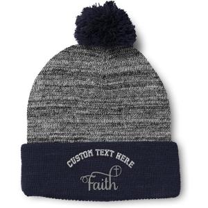 imagePom Pom Beanies for Women Faith Christian Cross Embroidery Skull Cap Winter Hats for Men Acrylic 1 SizeHeather Gray Navy Personalized Text Here