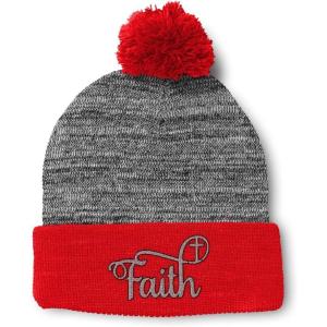 imagePom Pom Beanies for Women Faith Christian Cross Embroidery Skull Cap Winter Hats for Men Acrylic 1 SizeHeather Gray Red Design Only