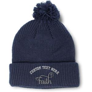imagePom Pom Beanies for Women Faith Christian Cross Embroidery Skull Cap Winter Hats for Men Acrylic 1 SizeNavy Personalized Text Here