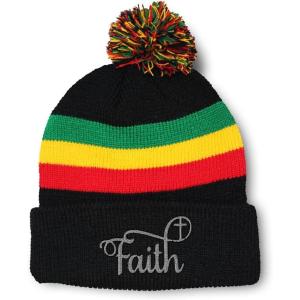 imagePom Pom Beanies for Women Faith Christian Cross Embroidery Skull Cap Winter Hats for Men Acrylic 1 SizeRasta Design Only