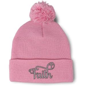 imagePom Pom Beanies for Women Faith Christian Cross Embroidery Skull Cap Winter Hats for Men Acrylic 1 SizeSoft Pink Design Only