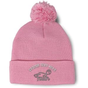 imagePom Pom Beanies for Women Faith Christian Cross Embroidery Skull Cap Winter Hats for Men Acrylic 1 SizeSoft Pink Personalized Text Here