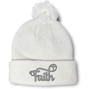 imagePom Pom Beanies for Women Faith Christian Cross Embroidery Skull Cap Winter Hats for Men Acrylic 1 SizeWhite Design Only