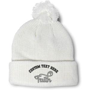 imagePom Pom Beanies for Women Faith Christian Cross Embroidery Skull Cap Winter Hats for Men Acrylic 1 SizeWhite Personalized Text Here