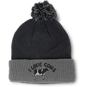 imageCustom Pom Pom Beanies for Women I Love Cows Embroidery Skull Cap Winter Hats for Men Acrylic 1 SizeBlack Grey Design Only