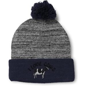imageCustom Pom Pom Beanies for Women I Love Cows Embroidery Skull Cap Winter Hats for Men Acrylic 1 SizeHeather Gray Navy Design Only