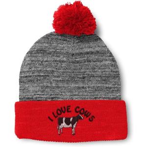 imageCustom Pom Pom Beanies for Women I Love Cows Embroidery Skull Cap Winter Hats for Men Acrylic 1 SizeHeather Gray Red Design Only