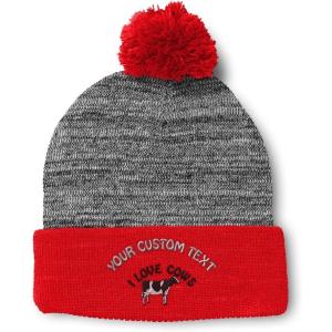imageCustom Pom Pom Beanies for Women I Love Cows Embroidery Skull Cap Winter Hats for Men Acrylic 1 SizeHeather Gray Red Personalized Text Here