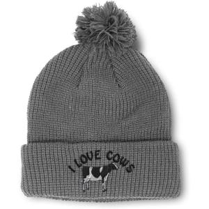 imageCustom Pom Pom Beanies for Women I Love Cows Embroidery Skull Cap Winter Hats for Men Acrylic 1 SizeLight Grey Design Only