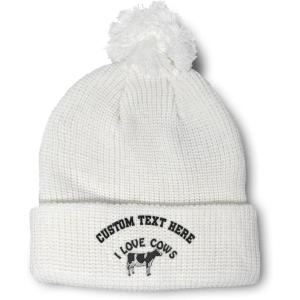 imageCustom Pom Pom Beanies for Women I Love Cows Embroidery Skull Cap Winter Hats for Men Acrylic 1 SizeWhite Personalized Text Here