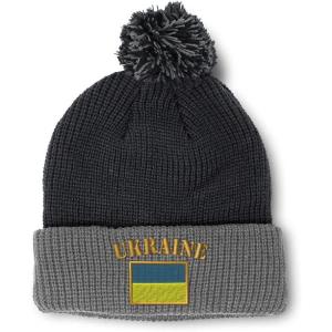 imageCustom Pom Pom Beanies for Women Ukraine Flag Embroidery Skull Cap Flags Winter Hats for Men Acrylic 1 SizeBlack Grey Design Only