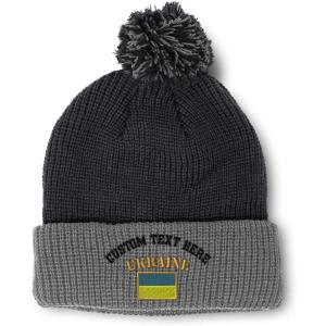 imageCustom Pom Pom Beanies for Women Ukraine Flag Embroidery Skull Cap Flags Winter Hats for Men Acrylic 1 SizeBlack Grey Personalized Text Here