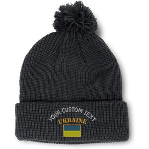 imageCustom Pom Pom Beanies for Women Ukraine Flag Embroidery Skull Cap Flags Winter Hats for Men Acrylic 1 SizeBlack Personalized Text Here