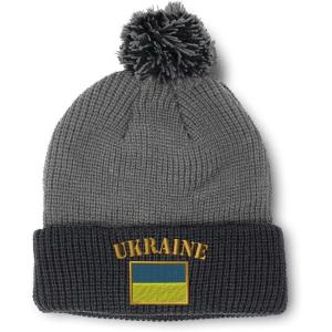 imageCustom Pom Pom Beanies for Women Ukraine Flag Embroidery Skull Cap Flags Winter Hats for Men Acrylic 1 SizeGrey Black Design Only