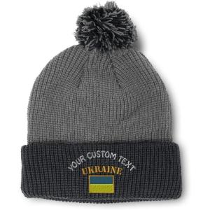 imageCustom Pom Pom Beanies for Women Ukraine Flag Embroidery Skull Cap Flags Winter Hats for Men Acrylic 1 SizeGrey Black Personalized Text Here