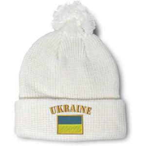 imageCustom Pom Pom Beanies for Women Ukraine Flag Embroidery Skull Cap Flags Winter Hats for Men Acrylic 1 SizeWhite Design Only