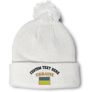 imageCustom Pom Pom Beanies for Women Ukraine Flag Embroidery Skull Cap Flags Winter Hats for Men Acrylic 1 SizeWhite Personalized Text Here