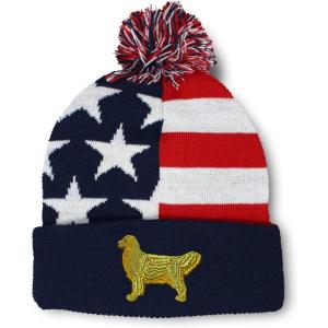 imageCustom Pom Pom Beanies for Women Golden Retriever Dog C Embroidery Skull Cap Winter Hats for Men 1 SizeAmerican Flag Design Only
