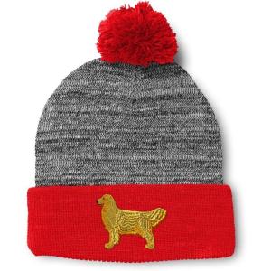 imageCustom Pom Pom Beanies for Women Golden Retriever Dog C Embroidery Skull Cap Winter Hats for Men 1 SizeHeather Gray Red Design Only