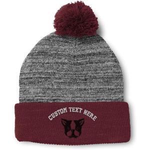 imageCustom Pom Pom Beanies for Women Boston Terrier Silly Face Embroidery Skull Cap Winter Hats for Men 1 SizeHeather Gray Burgundy Personalized Text Here