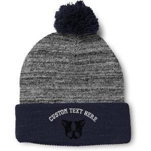 imageCustom Pom Pom Beanies for Women Boston Terrier Silly Face Embroidery Skull Cap Winter Hats for Men 1 SizeHeather Gray Navy Personalized Text Here