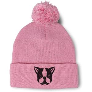 imageCustom Pom Pom Beanies for Women Boston Terrier Silly Face Embroidery Skull Cap Winter Hats for Men 1 SizeSoft Pink Design Only