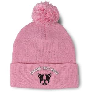 imageCustom Pom Pom Beanies for Women Boston Terrier Silly Face Embroidery Skull Cap Winter Hats for Men 1 SizeSoft Pink Personalized Text Here