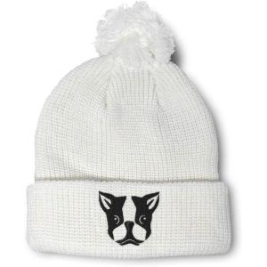 imageCustom Pom Pom Beanies for Women Boston Terrier Silly Face Embroidery Skull Cap Winter Hats for Men 1 SizeWhite Design Only