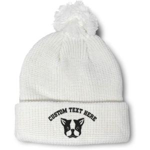 imageCustom Pom Pom Beanies for Women Boston Terrier Silly Face Embroidery Skull Cap Winter Hats for Men 1 SizeWhite Personalized Text Here